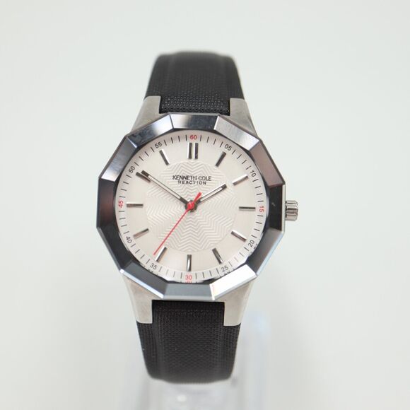 Kenneth Cole Reaction Watch 34mm Dodecagon Silver Tone Black Leather KC2471 - Picture 4 of 16